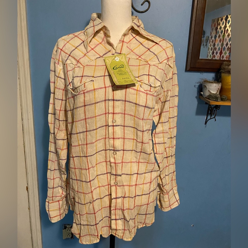 Vintage Dead Stock, New with tags, Chandni, Plaid, Gauze, Button down